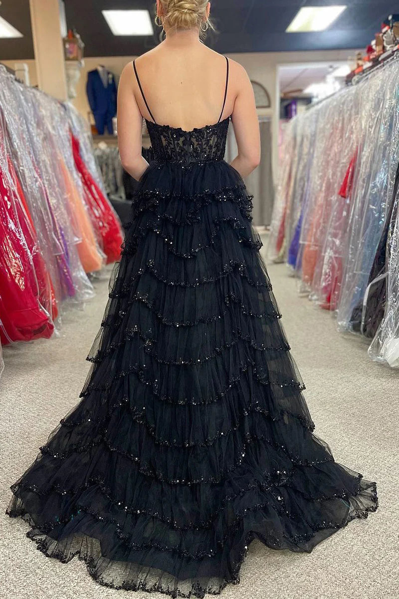 A Line V Neck Black Tulle Tiered Prom Dress with Beading